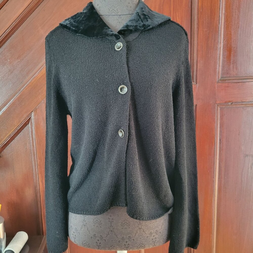 J.Jill Petite Black Button-Up Sweater With Velvet Collar sp